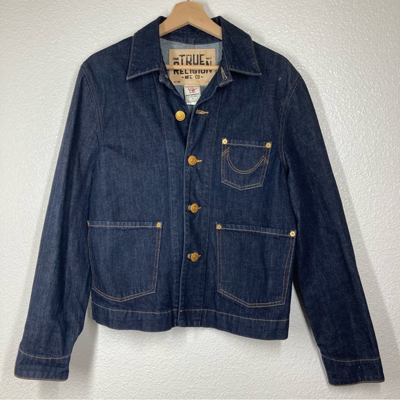 True Religion Denim Jacket Womens Large Button Up Collared Trucker Dark Wash - Picture 4 of 16